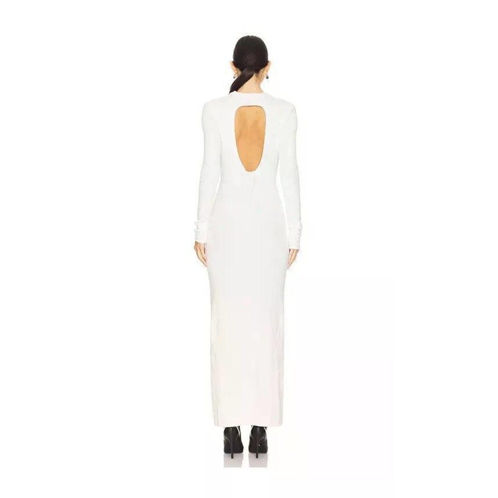 Lamarque Lindsay Dress White Textured Knit Open Back Maxi Long Sleeve Mock Neck